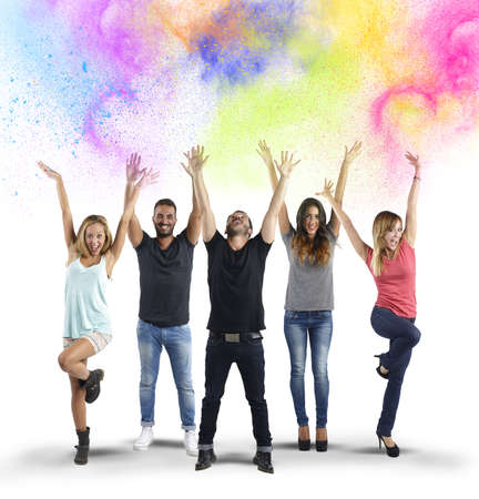 Boys and girls happy together with colorsの写真素材