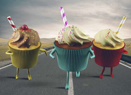 Big colorful cupcakes run on the roadの写真素材
