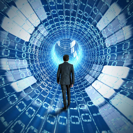 Businessman walking to the discovery of internet Businessman walking to the discovery of internet