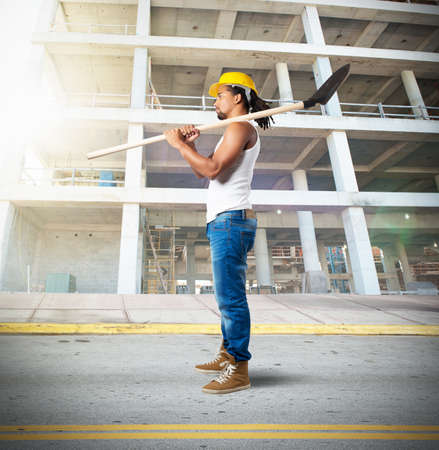 Sexy mason working on a building siteの写真素材
