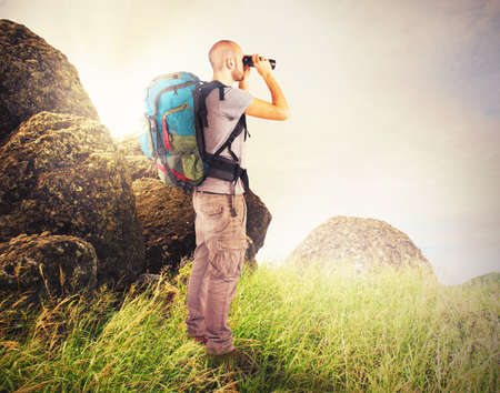Explorer observes in search of new landsの写真素材