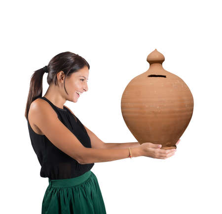 Generous woman happy to give the savingsの写真素材