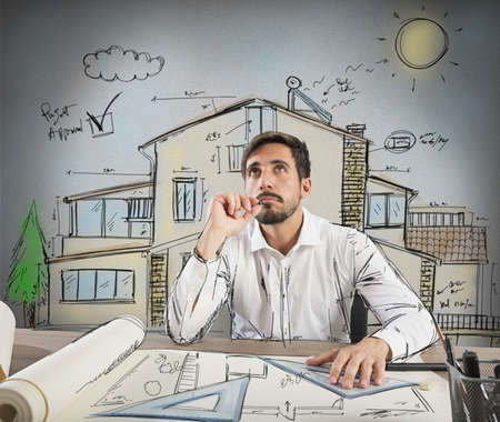 Architect thinks how to design a houseの写真素材
