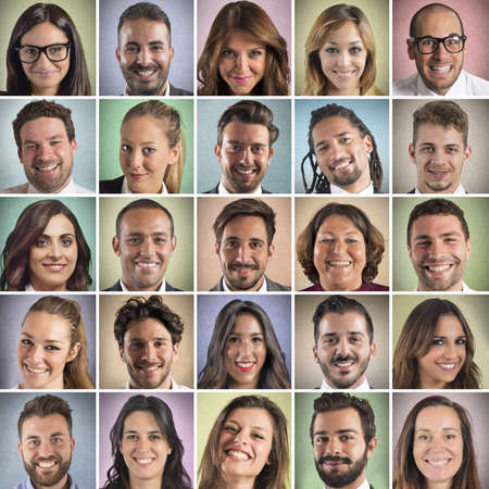Colorful portrait collage of many smiling facesの写真素材