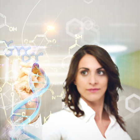 Woman chemist explain chemical formulas in laboratory