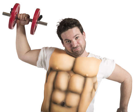 Ironic fat man does gym with absの写真素材