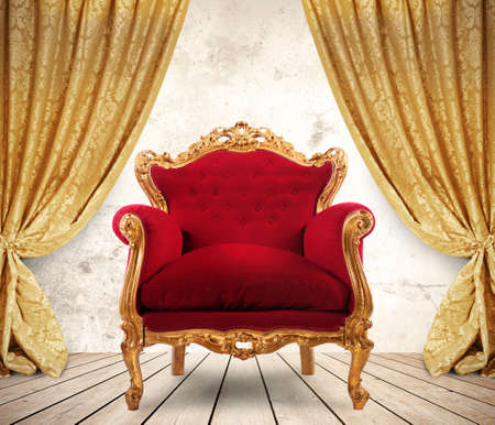Room with golden curtains and royal armchair