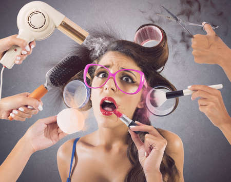 Girl stressed by hands that wear makeupの写真素材