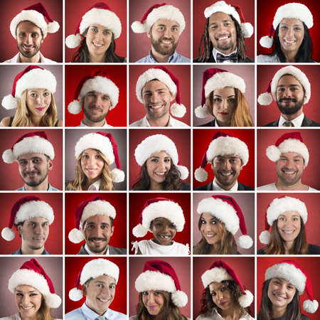 Collage of person with Santa Claus hatの写真素材
