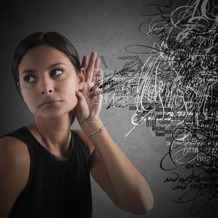 Confused Woman listen to words in disorder