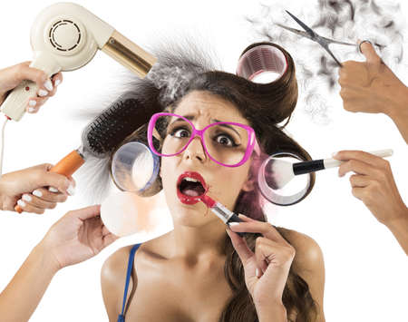 Girl stressed by hands that wear makeupの写真素材