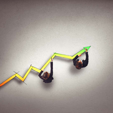 Business people draw a big statistic arrow
