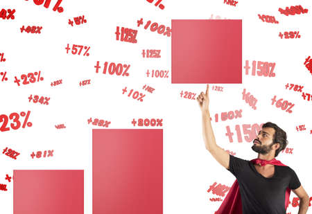 Hero businessman raises a step of statistic
