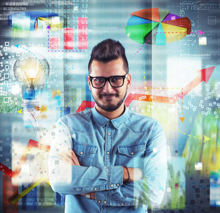 Boy nerd with background graphics and statisticsの写真素材