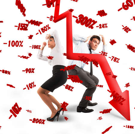 Businessperson with frightened expression with percentages backgroundの写真素材