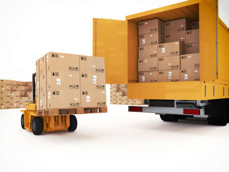 Loading stack of packed boxes on truckの写真素材