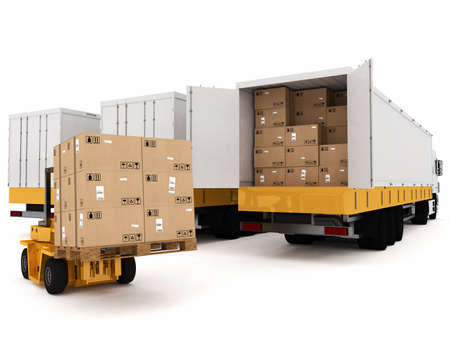 Loading stack of packed boxes on truckの写真素材