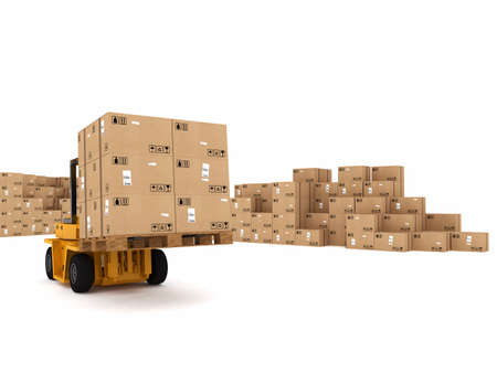 Small crane loading stack of packed boxesの写真素材