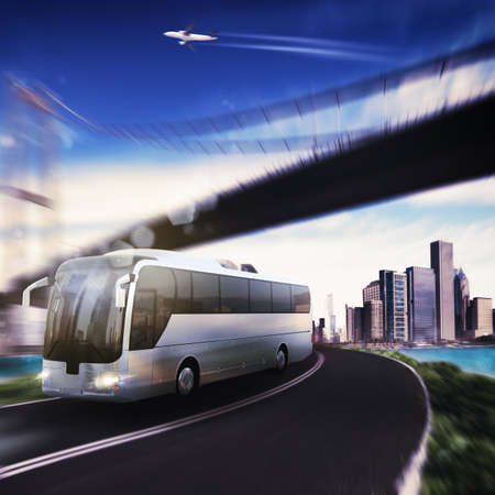 Bus on road with bridge and aircraftの写真素材