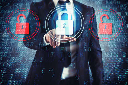Businessman select closed padlock between two open