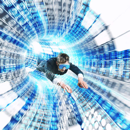 Man with mask in a futuristic tunnel