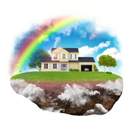 House with background of sky with rainbowの写真素材
