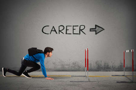 Teenager boy with backpack ready to raceの写真素材