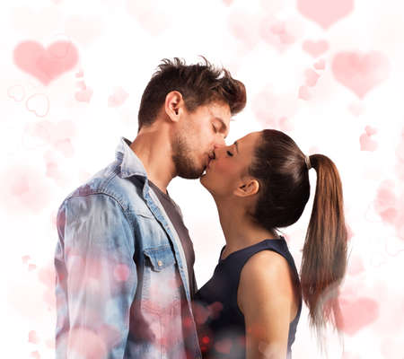 Girl and boy kissing with red hearts