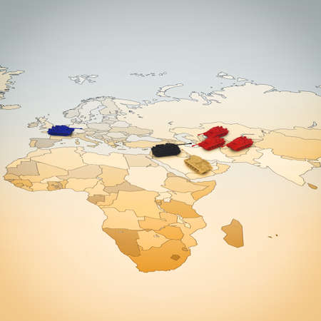 3D rendering of Small toy tanks on a world mapの写真素材
