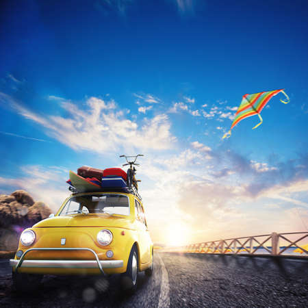 3D rendering of old car with luggageの写真素材