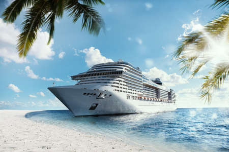 Cruising at sea near a tropical beachの写真素材