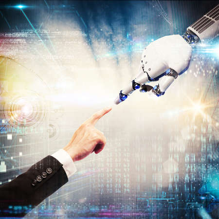 3D Rendering finger of man touches the finger of a robotの写真素材