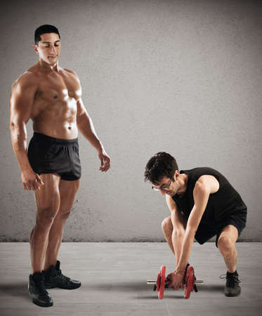 Instructor teases an awkward and skinny boyの写真素材