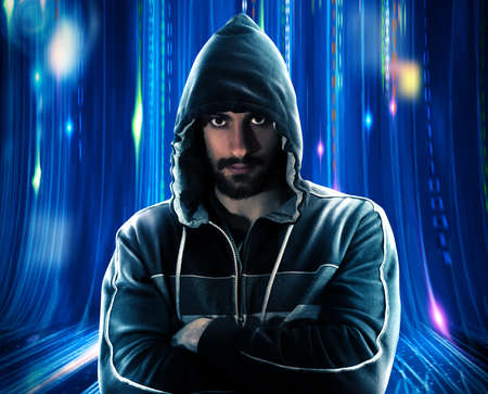 Mysterious man with hoodie and blue lights background