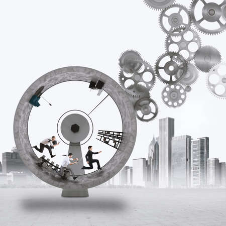 3D Rendering people run inside a wheel with gearsの写真素材