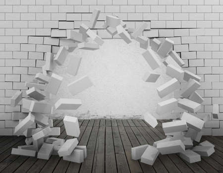 Background of a brick wall broken through 3d renderingの写真素材