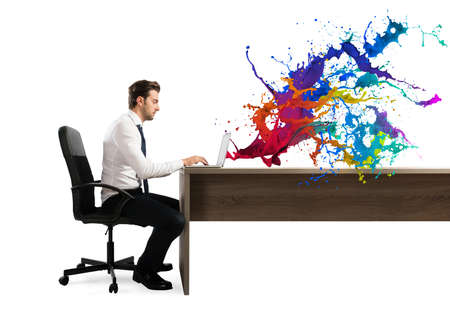 Concept of creative business with businessman working with laptop on the deskの写真素材