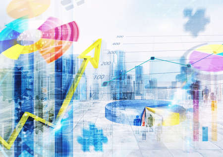 Background with city and graphs with market analysisの写真素材