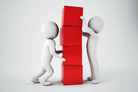 Man make a building with red cubes. 3D Renderingの写真素材