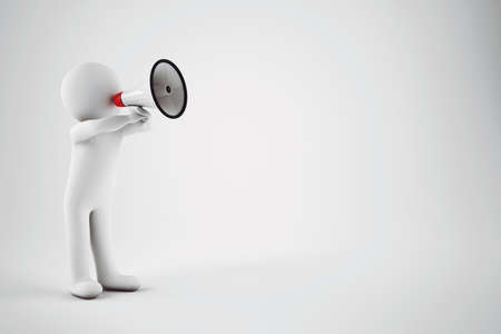 Little white man speak with megaphone. 3D Renderingの写真素材