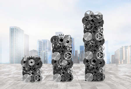 Statistical analysis with gears mechanism. concept of analysis system of financial market. 3d renderingの写真素材