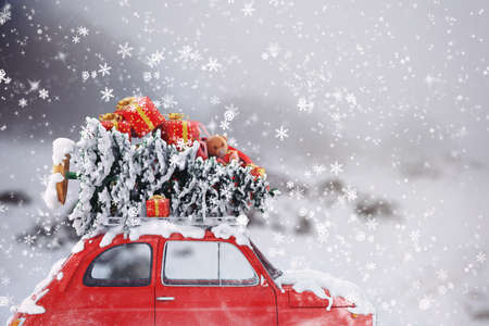 3D Rendering car with Christmas tree and gifts on the roof