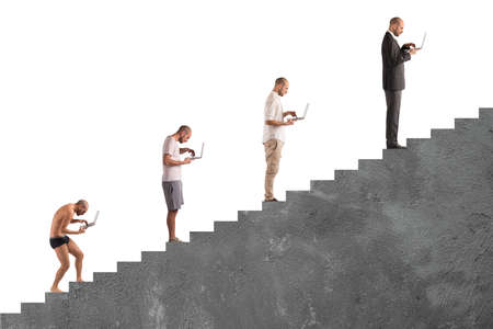 Evolution from hunched man to successful man in a staircaseの写真素材