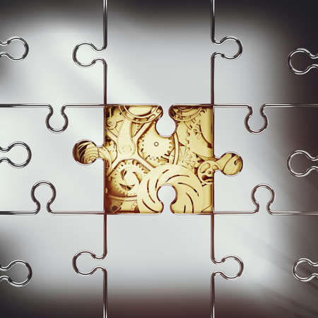 3D Rendering of System of golden gear covered by a puzzle. concept of cooperation between systemsの写真素材