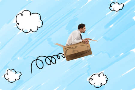 Businessman flying with a cardboard missile with fire in the sky