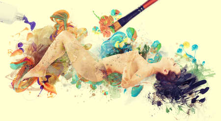 Woman artwork picture. naked woman painted by brushの写真素材