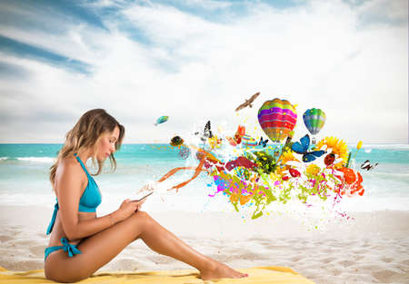 Girl with cell phone sending creative messageの写真素材