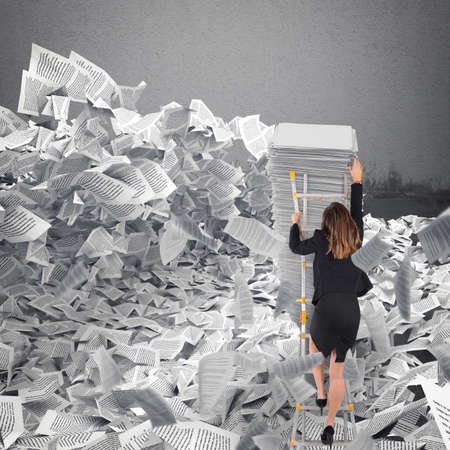 Businesswoman with paper sheet anywhere. Buried by bureaucracy concept.