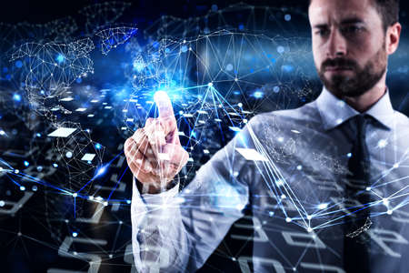 Man connecting to global world. Concept of interconnection, internet and networkの写真素材