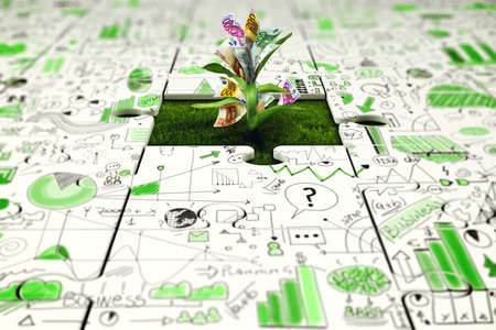Plant with money grows from a missing piece of puzzle